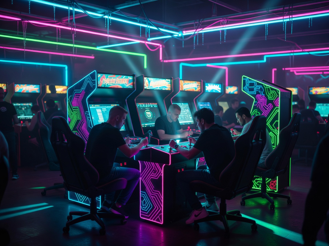 Arcade tournament battle station with vibrant neon lights