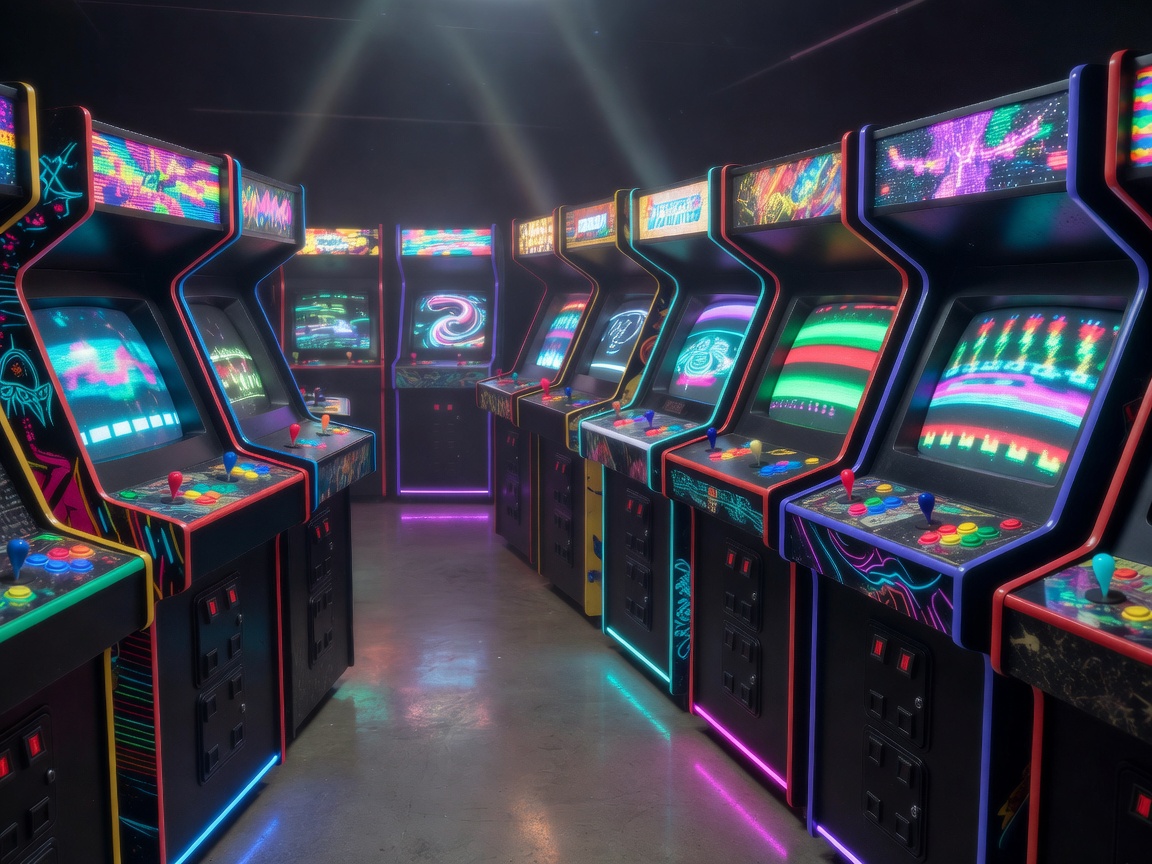 Cyber retro arcade room with illuminated cabinets