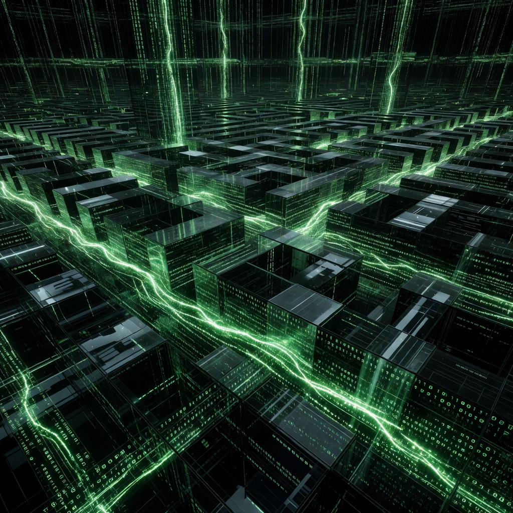 Matrix Labyrinth cyber maze stage with neon green data paths